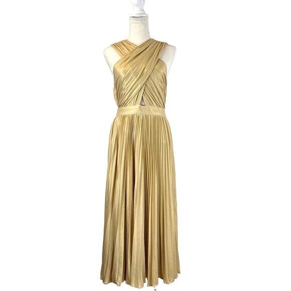 Anthropologie Pleated Halter Midi Dress Gold Verb by Pallavi Singhee Metallic - Picture 1 of 11
